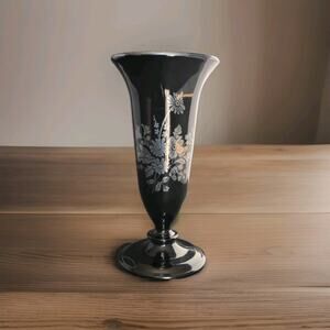 Vintage Black Amethyst Glass LE Smith Silver Floral Footed Vase Decor 6" Daisy
